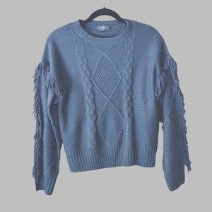 Belle by Beldini Sweater Small Women's Grey  Fringe Balloon Sleeves Cable Knit